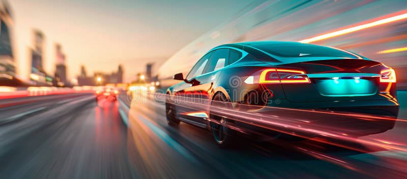 ένα μαύρο αυτοκίνητο tesla επισπεύδει μια εθνική οδό μέσω εικόνας ai στοκ εικόνες