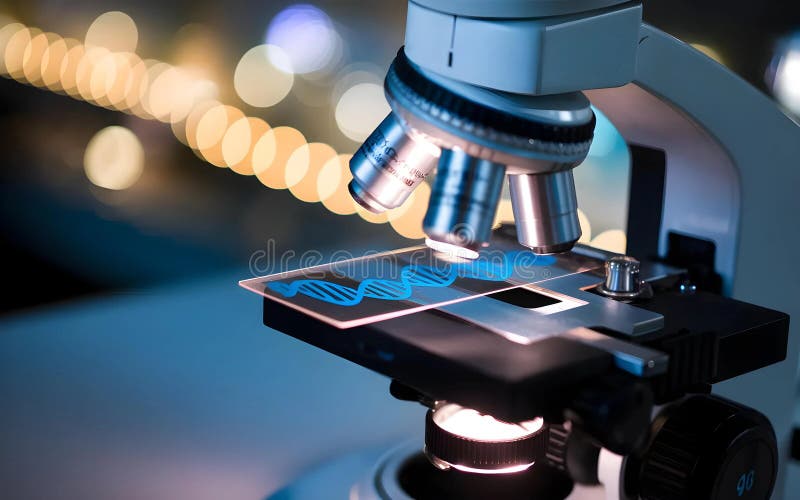 Ένα μικροσκόπιο με μια εικόνα διπλής έλικας DNA στην επιφάνεια. Η εικόνα φωτίζεται με φως. Το μικροσκόπιο είναι εστιασμένο και έτο απεικόνιση αποθεμάτων