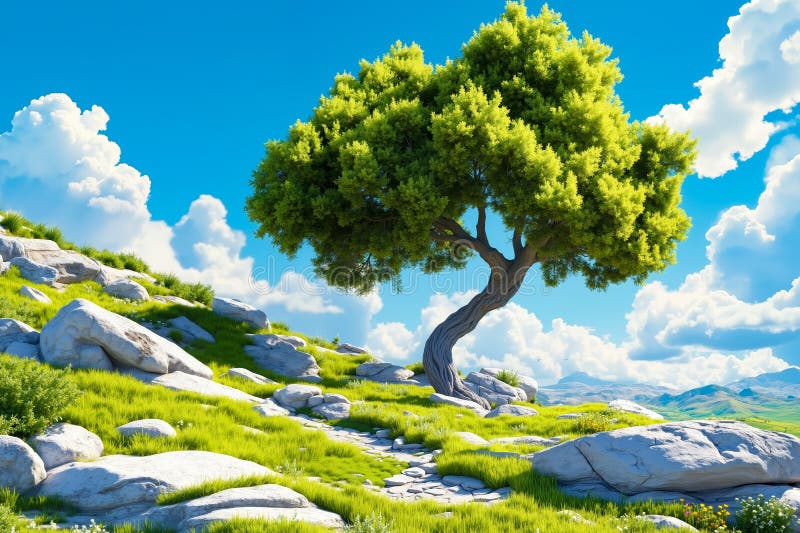 Ένα μοναχικό δέντρο σε ένα γρασίδι βουνοπλαγιά με βράχους και γρασίδι διανυσματική απεικόνιση
