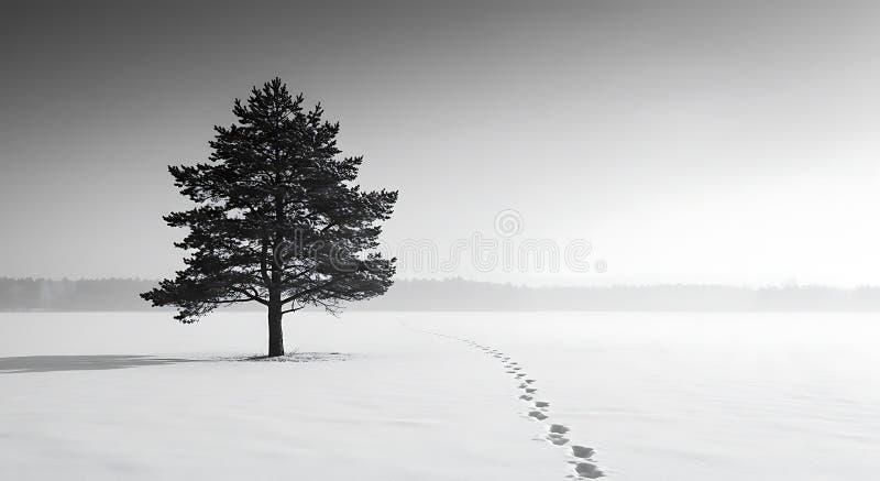 Ένα μοναχικό πεύκο Pinus sp. στέκεται ανάμεσα σε ένα αχανές τοπίο καλυμμένο με χιόνι. Ο ουρανός είναι απεικόνιση αποθεμάτων