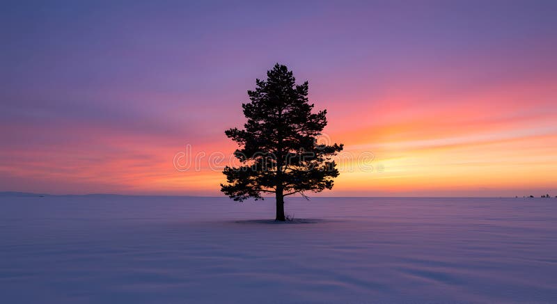 Ένα μοναχικό πεύκο Pinus sp στέκεται σε ένα τοπίο καλυμμένο με χιόνι κάτω από ένα ζωντανό ελεύθερη απεικόνιση δικαιώματος