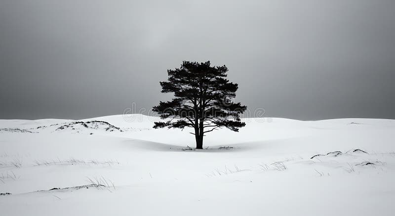 Ένα μοναχικό πεύκο Pinus spp βρίσκεται σε εξέχουσα θέση σε ένα τοπίο καλυμμένο με χιόνι. απεικόνιση αποθεμάτων
