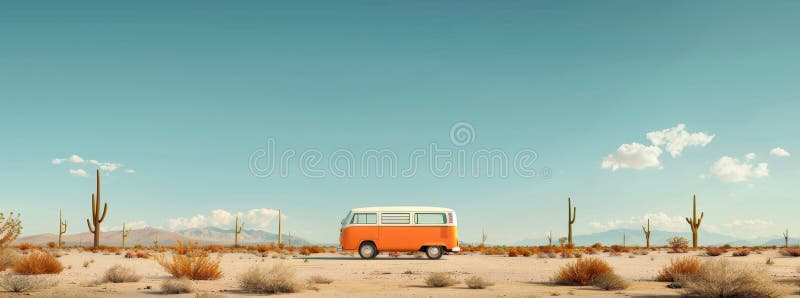 ένα παραδοσιακό πορτοκαλί volkswagen van οδηγεί σε ένα έρημο δρόμο με εικόνα που δημιουργείται από το ai στοκ φωτογραφίες
