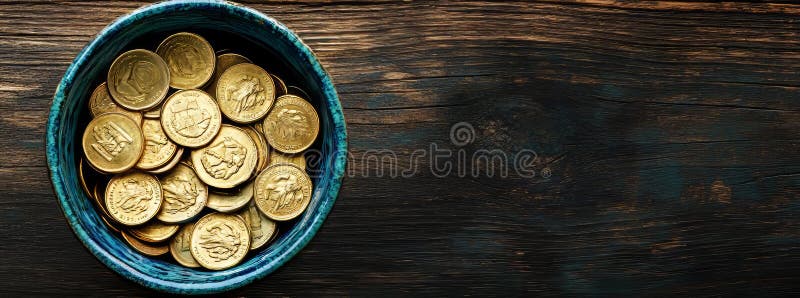 ένα περιστέρι ρωμαϊκών κερμάτων σε σκούρο ξύλινο τραπέζι αρχαίο νόμισμα σε παραδοσιακή κεραμική κατσαρόλα, τοποθετημένη σε πλατιέ στοκ εικόνες