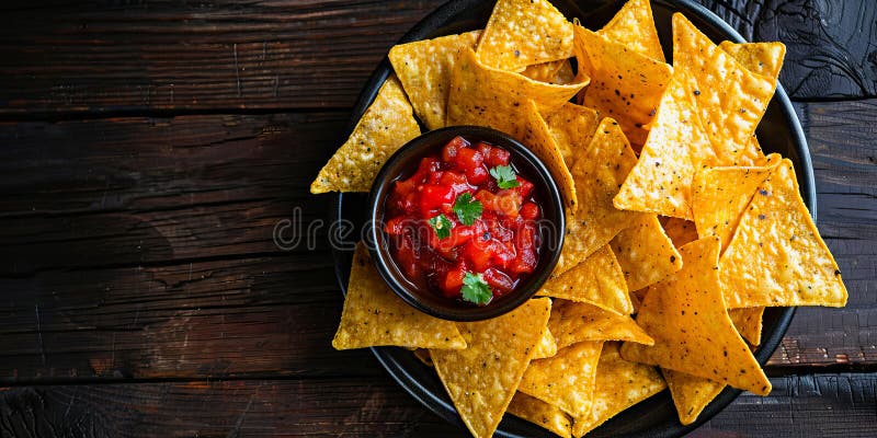 A plate of tortilla chips with salsa on a wooden table. AI generated. A plate of tortilla chips with salsa on a wooden table. AI generated
