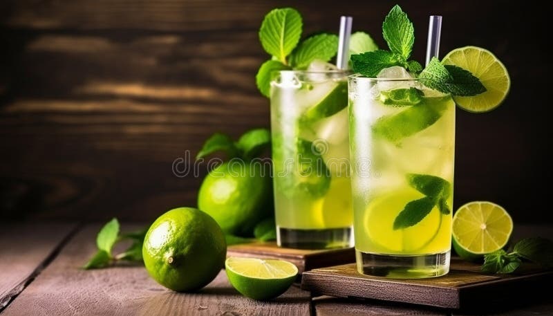 ένα ποτήρι μοχίτο και λεμόνι. επαγγελματικό φόντο φρούτων απεικόνιση αποθεμάτων