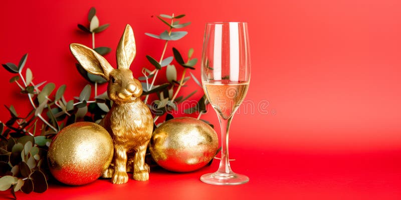 A champagne glass, golden rabbit figurine sand Easter gold eggs on plane background. Mostly negative space and vibrant simple colour AI generated. A champagne glass, golden rabbit figurine sand Easter gold eggs on plane background. Mostly negative space and vibrant simple colour AI generated