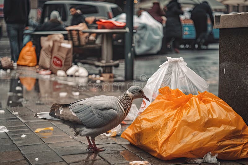 ένα πουλί που τσιμπάει σε μια σακούλα φαγητού που περιβάλλεται από άλλα σκουπίδια στην πόλη. ένα πουλί που τσιμπά σε μια σακούλα φαγητού που περιβάλλεται από άλλα σκουπίδια στην πόλη, που δημιουργήθηκε με γεννητική τεχνητή τεχνητή νοημοσύνη