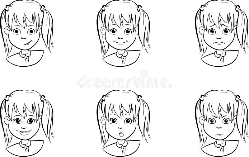 Drawing set of cartoon faces a girl with various emotions moods and expressions black and white. Child with different emotions and mood. Clipart face Isolated on white background. Drawing set of cartoon faces a girl with various emotions moods and expressions black and white. Child with different emotions and mood. Clipart face Isolated on white background