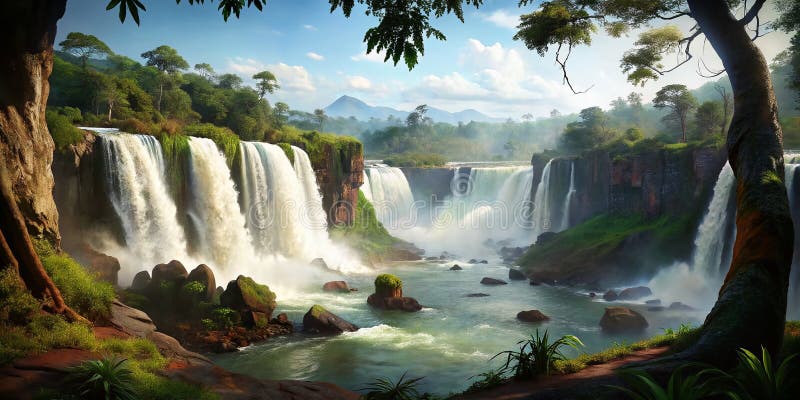 Ένα συναρπαστικό πανόραμα του Iguazu Καταρρέει Το Δάσος της Βροχής αγκαλιάζει τους μεγάλους καταρράκτες στη Βραζιλία απεικόνιση αποθεμάτων
