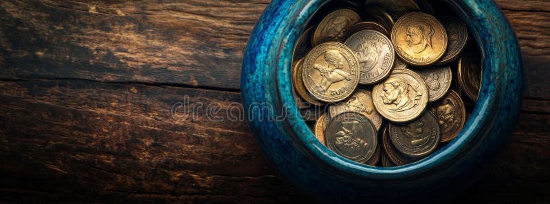 ένα σωρό ρωμαϊκά νομίσματα σε ένα σκούρο ξύλινο τραπέζι αρχαίο νόμισμα σε μια παλιά κεραμική κατσαρόλα που απεικονίζεται σε ένα φα στοκ φωτογραφία με δικαίωμα ελεύθερης χρήσης