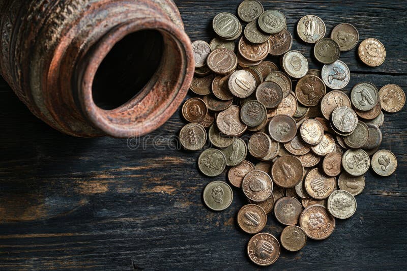 ένα σωρό ρωμαϊκά νομίσματα σε ένα σκούρο ξύλινο τραπέζι με μεγάλο αριθμό αρχαίων κερμάτων σε μια παλιά κατσαρόλα, τοποθετημένη ενά στοκ φωτογραφίες με δικαίωμα ελεύθερης χρήσης