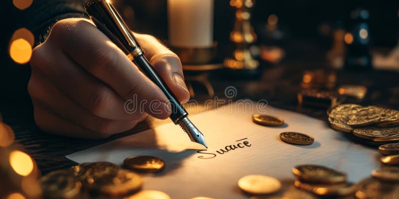 ένα χέρι γράφει κομψά με ένα στυλό πάνω σε ένα φύλλο χαρτί. κέρματα που περιβάλλουν το χαρτί και φωτίζονται με θέρμανση στοκ εικόνες