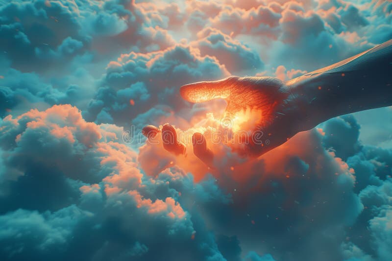 An outreached hand stretches towards the sun in the orange afterglow of the dusk sky, surrounded by cumulus clouds, creating a stunning natural landscape art AI generated. An outreached hand stretches towards the sun in the orange afterglow of the dusk sky, surrounded by cumulus clouds, creating a stunning natural landscape art AI generated