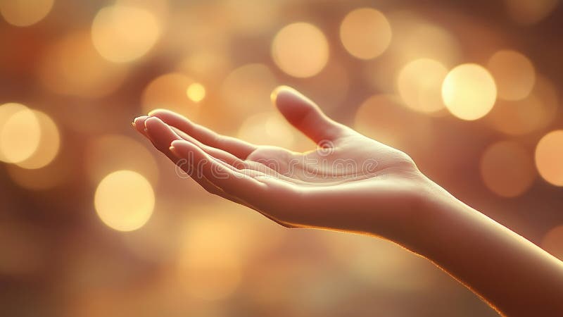 Ένα χέρι σε ένα φωτεινό λαμπερό φόντο με την Bokeh Hope Φέιθ Θαυματουργή μαγεία αγνότητας διανυσματική απεικόνιση