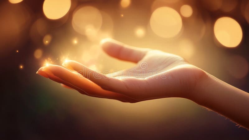 Ένα χέρι σε ένα φωτεινό λαμπερό φόντο με την Bokeh Hope Φέιθ Θαυματουργή μαγεία αγνότητας ελεύθερη απεικόνιση δικαιώματος