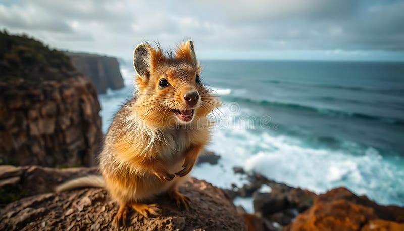 ένα χαρούμενο χαμόγελο quokka στο φόντο των ανεμοδαρμένων βράχων και των ωκεάνιων προβολών που παράγονται χρησιμοποιώντας την ai ελεύθερη απεικόνιση δικαιώματος