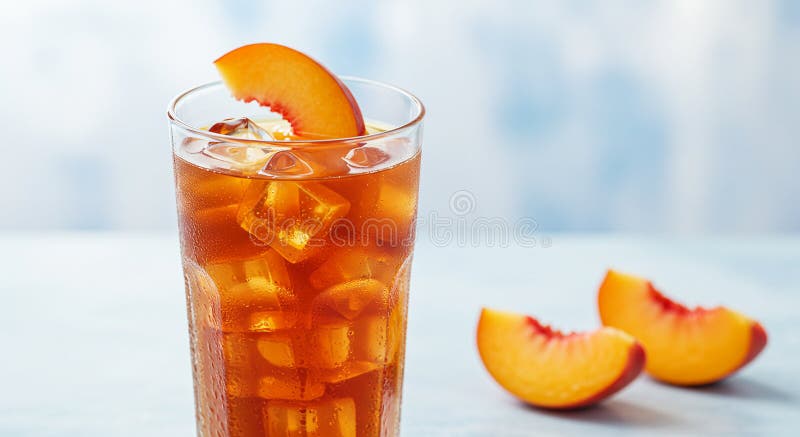 Ένα ψηλό γυαλί γεμάτο με παγωμένο τσάι ροδακινιών, διακοσμημένο με μια φέτα φρέσκου ροδακινί στο διανυσματική απεικόνιση