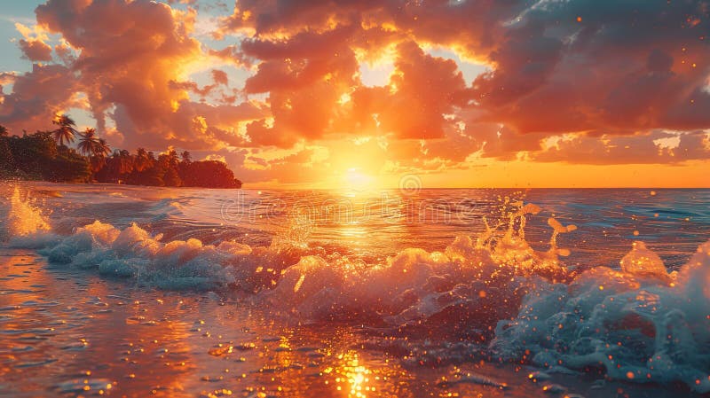 A beautiful sunset over the ocean with waves crashing. AI generated. A beautiful sunset over the ocean with waves crashing. AI generated