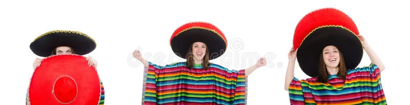 Ένα όμορφο μεξικάνικο κορίτσι με ζωντανό πόντσο απομονωμένο στα λευκά