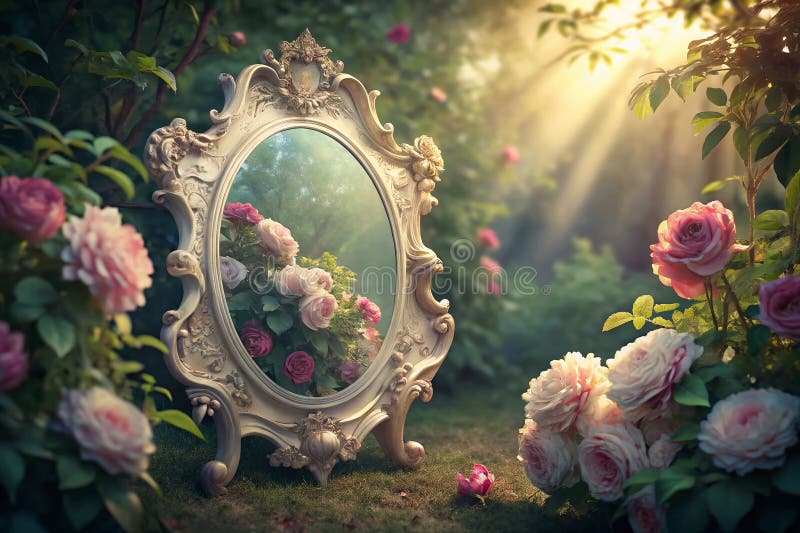 Ένας λευκός περίτεχνος καθρέφτης σε στυλ Shabby Chic που αντανακλά έναν κήπο με ροζ τριαντάφυλλα. Μια vintage εικόνα τοπίου για το διανυσματική απεικόνιση