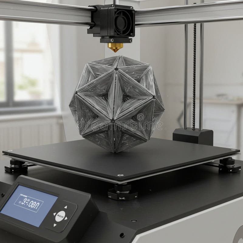 Ένας εκτυπωτής 3D σε ένα βιομηχανικό περιβάλλον δημιουργεί μια πολύπλοκη γεωμετρική δομή. Η σχεδίαση ελεύθερη απεικόνιση δικαιώματος