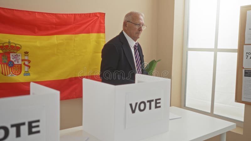 ένας ηλικιωμένος καυκάσιος άνδρας με γκρίζα μαλλιά εμφανίζεται να ψηφίζει σε ένα εκλογικό κολέγιο στην ισπανία με ισπανική σημαία στοκ εικόνες