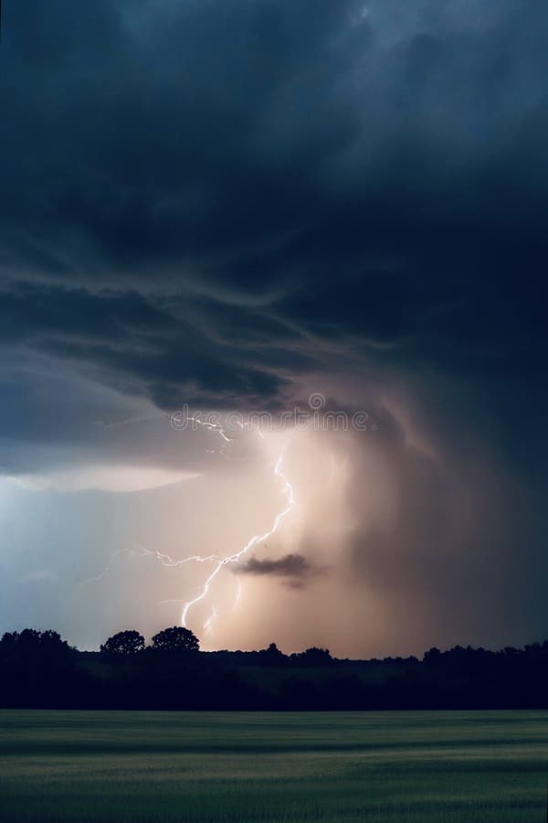 A lightning bolt strikes through the cumulus clouds in the sky, illuminating the natural landscape of the field below. The atmospheric phenomenon creates a dramatic afterglow during dusk AI generated. A lightning bolt strikes through the cumulus clouds in the sky, illuminating the natural landscape of the field below. The atmospheric phenomenon creates a dramatic afterglow during dusk AI generated