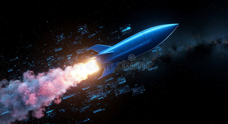 Ένας κομψός μπλε ρουκέτα προωθεί το διάστημα εκπέμποντας ένα φλογερό πορτοκαλί και ροζ ελεύθερη απεικόνιση δικαιώματος