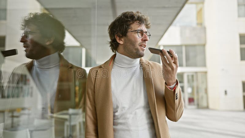 ένας κομψός νεαρός με μούσι στέλνει ένα φωνητικό μήνυμα στο smartphone του σε ένα μοντέρνο αστικό περιβάλλον στοκ φωτογραφίες με δικαίωμα ελεύθερης χρήσης