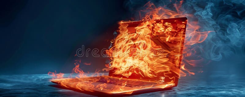 ένας κομψός φορητός υπολογιστής στο χείλος του, το σύστημα ψύξης του κατακλύζεται από τη φωτιά της επεξεργαστικής ισχύος ελεύθερη απεικόνιση δικαιώματος