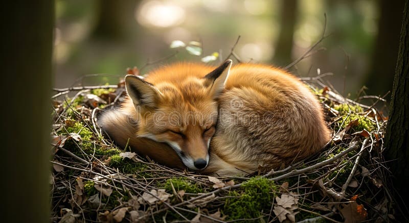 Ένας κόκκινος αλεπού Vulpes γύπες κοιμάται σε μια φωλιά φτιαγμένη από φύλλα και κλαδάκια απεικόνιση αποθεμάτων