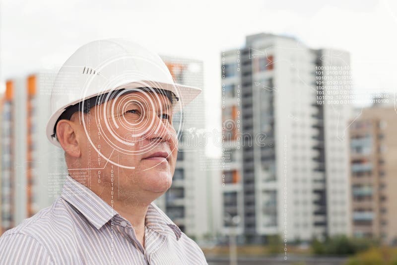 Ένας μηχανικός με το ψηφιακό μάτι technolgy σε ένα υπόβαθρο με τα κτήρια στοκ εικόνες με δικαίωμα ελεύθερης χρήσης Ένας μηχανικός με το ψηφιακό μάτι technolgy σε ένα υπόβαθρο με τα κτήρια στοκ εικόνες με δικαίωμα ελεύθερης χρήσης