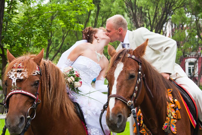 Ένας νεόνυμφος και ένα fiancee κάθονται στο άλογο στοκ εικόνα με δικαίωμα ελεύθερης χρήσης