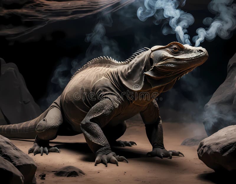 Ένας ρεαλιστικός δράκος komodo επεξεργασμένος με διακριτικές μυστικιστικές γραμμές λάμψης ελεύθερη απεικόνιση δικαιώματος