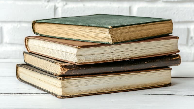 Ένας σωρός από βιβλία εποχής με λαστρωμένα καλύμματα που κλίνουν πάνω σε έναν τοίχο από τούβλα στοκ φωτογραφία με δικαίωμα ελεύθερης χρήσης