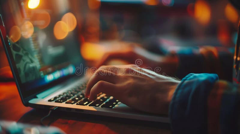 ένας χρήστης συμμετέχει στο blog σε φορητό υπολογιστή περιτριγυρισμένος από ζεστά φώτα που δημιουργούν ζεστή ατμόσφαιρα τις βραδιν ελεύθερη απεικόνιση δικαιώματος