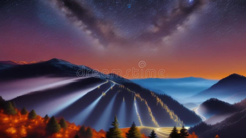 έναστρη νύχτα σε βουνά αρμονικός βρόχος αστεριών πάνω από κορυφές