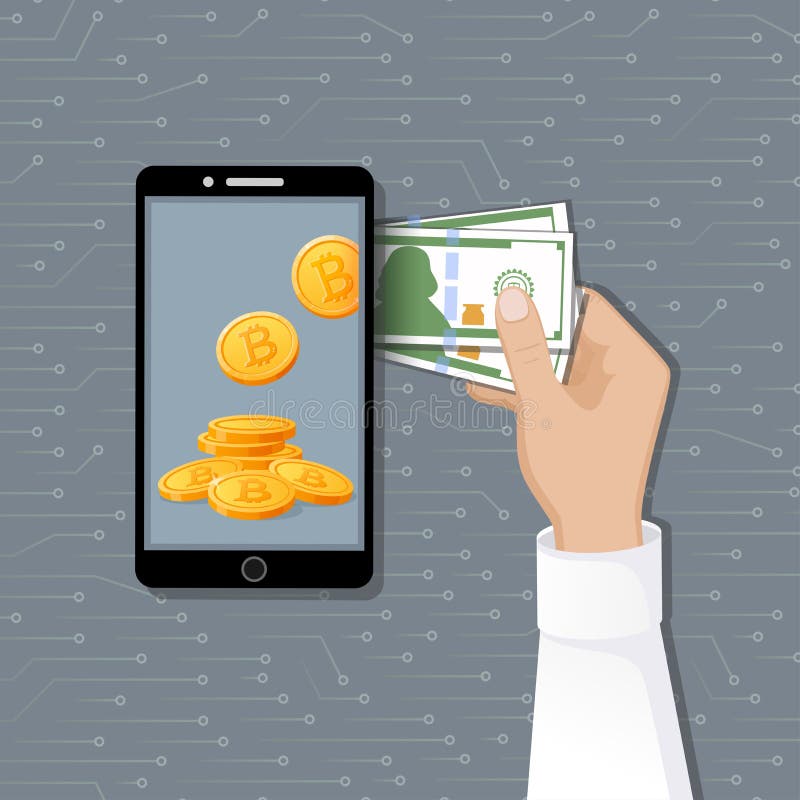 Έννοια ανταλλαγής Bitcoin Κεφαλαιοποιήσεις CryptoCurrency Ένα χέρι ατόμων ` s με χρήματα μετρητών, τηλέφωνο και bitcoins διανυσματική απεικόνιση Έννοια ανταλλαγής Bitcoin Κεφαλαιοποιήσεις CryptoCurrency Ένα χέρι ατόμων ` s με χρήματα μετρητών, τηλέφωνο και bitcoins διανυσματική απεικόνιση