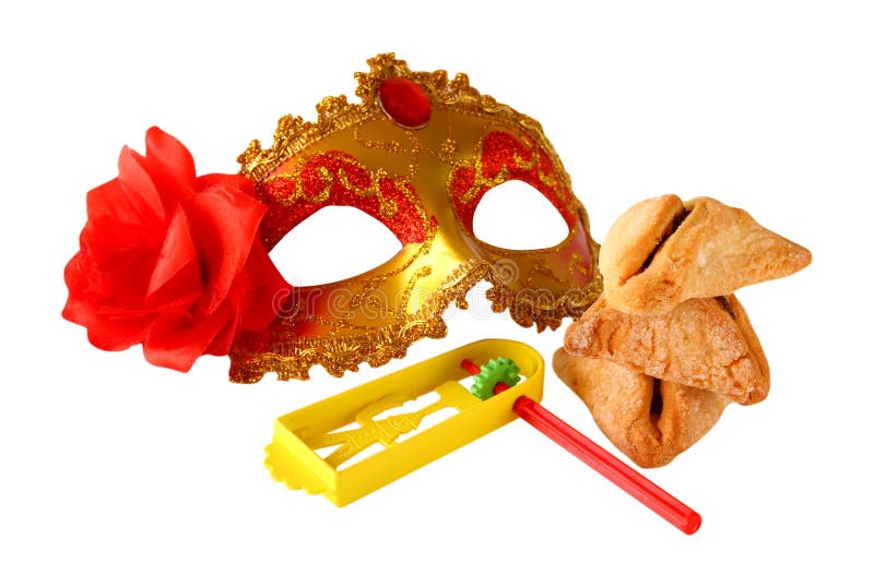 Έννοια εορτασμού Purim (εβραϊκές διακοπές καρναβαλιού) Εκλεκτική εστίαση Απομονωμένος στο λευκό στοκ φωτογραφία