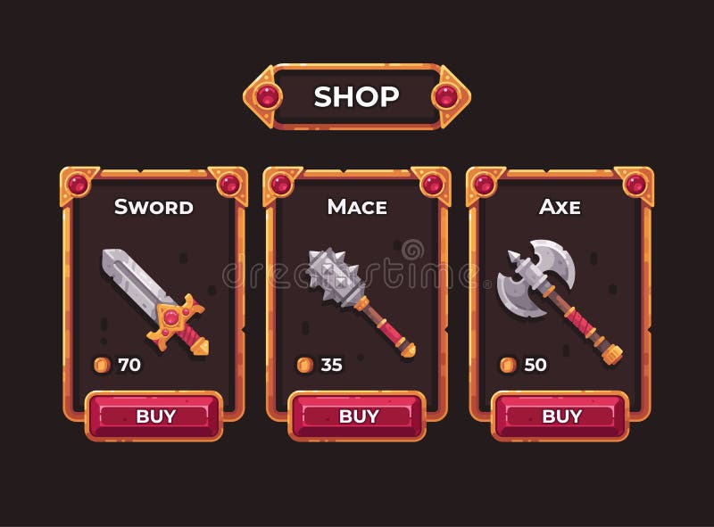 Fantasy game weapon shop concept. Game shop UI frame vector illustration. Fantasy game weapon shop concept. Game shop UI frame vector illustration.