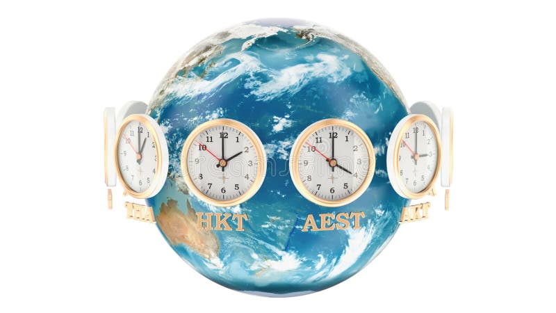 Έννοια παγκόσμιου Timezone Η περιστρεφόμενη γη και τα ρολόγια που περιστρέφονται γύρω, τρισδιάστατη απόδοση απεικόνιση αποθεμάτων