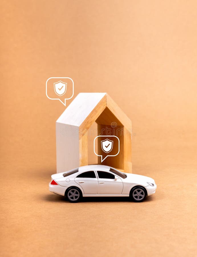 Home and car insurance concept. Shield icon in speech bubbles on white toy car and modern house model isolated on minimal brown background, vertical style. Loan real estate or property and vehicle. Home and car insurance concept. Shield icon in speech bubbles on white toy car and modern house model isolated on minimal brown background, vertical style. Loan real estate or property and vehicle