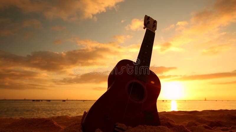 Έννοια της Χαβάης με το ukulele στην παραλία στο ηλιοβασίλεμα