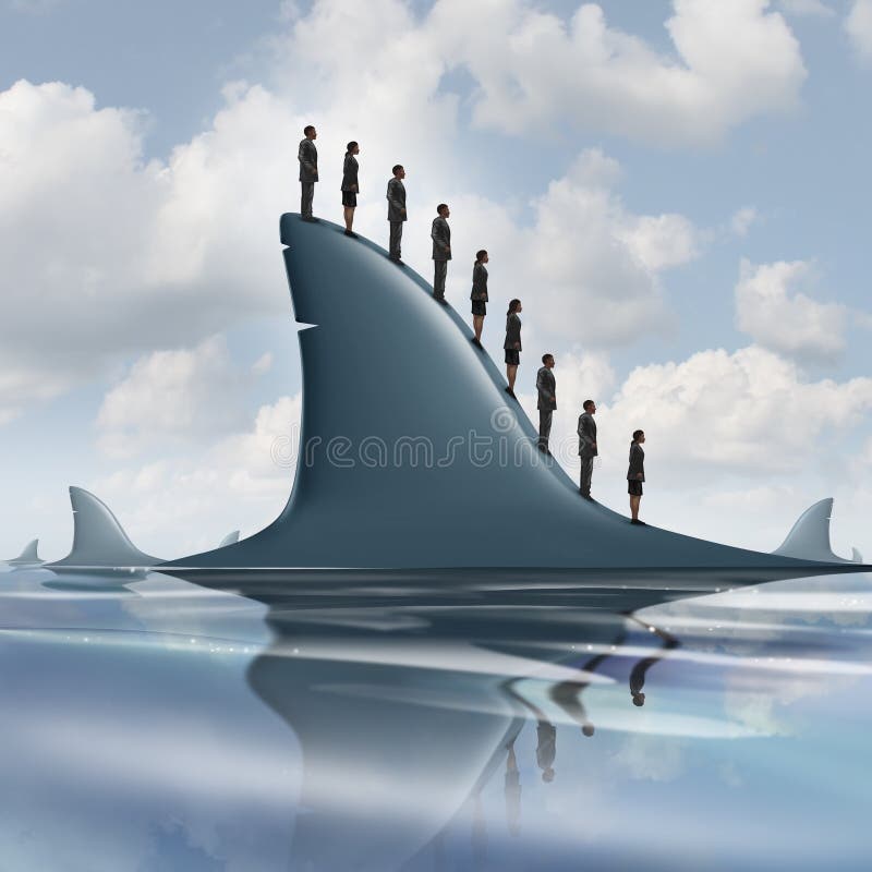 Concept of risk business metaphor as a group of courageous or unaware businesspeople standing on the dorsal fin of a giant shark as a symbol for overcoming company fear and having guts to be fearless. Concept of risk business metaphor as a group of courageous or unaware businesspeople standing on the dorsal fin of a giant shark as a symbol for overcoming company fear and having guts to be fearless.