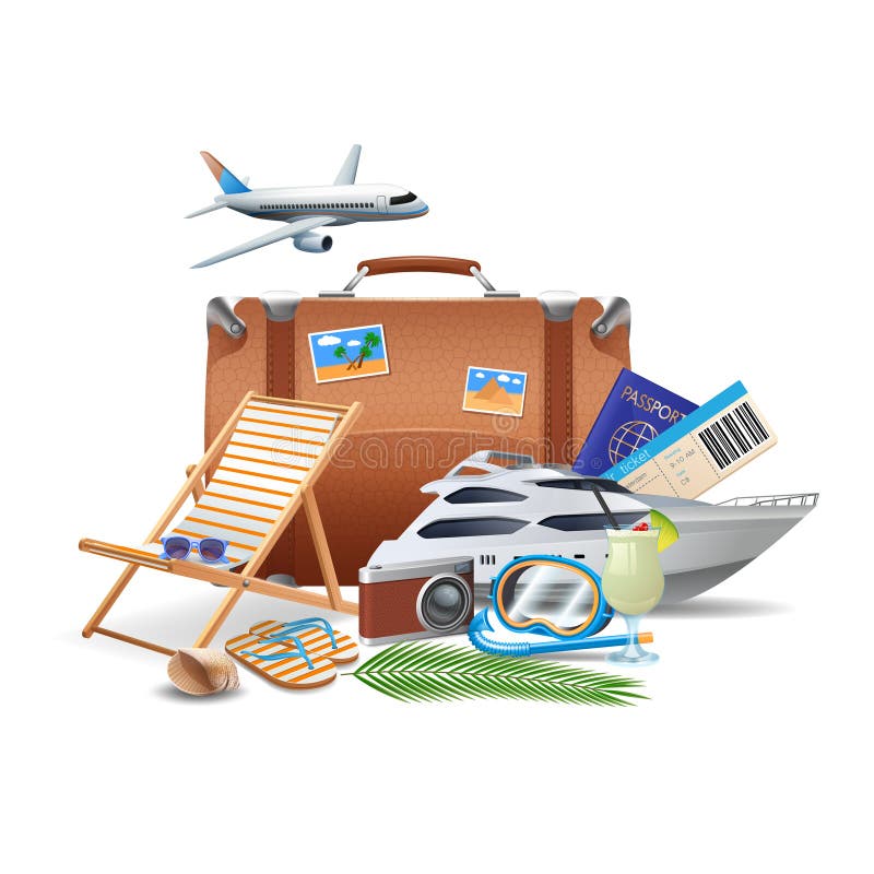 Tourism and travel concept with realistic suitcase yacht airplane and cocktail vector illustration. Tourism and travel concept with realistic suitcase yacht airplane and cocktail vector illustration