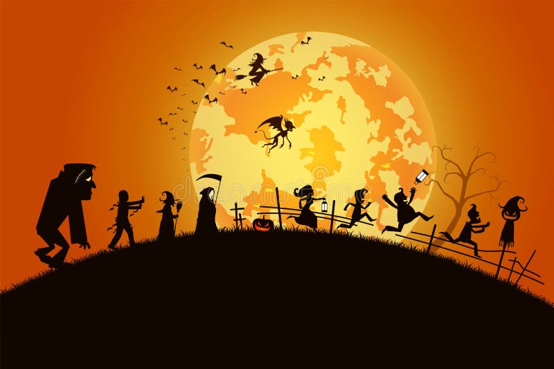Illustration sunset background concept,many people with men and women wearing as ghost and devil for festival halloween,full moon on dark night with happy children for celebration halloween day. Illustration sunset background concept,many people with men and women wearing as ghost and devil for festival halloween,full moon on dark night with happy children for celebration halloween day