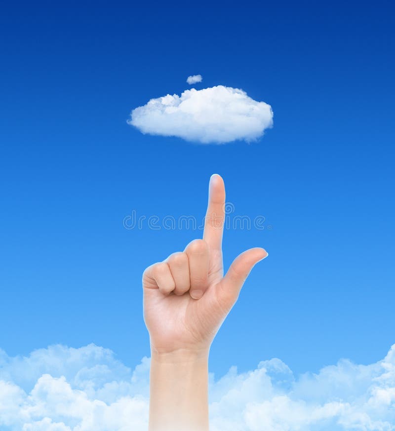 Woman hand point on cloud against blue sky with clouds. Concept image on cloud computing and eco theme. Woman hand point on cloud against blue sky with clouds. Concept image on cloud computing and eco theme.
