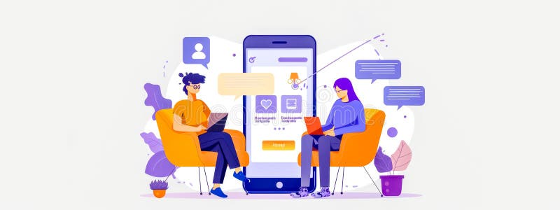 Illustration of a man and woman using digital devices for online communication AI generated. Illustration of a man and woman using digital devices for online communication AI generated