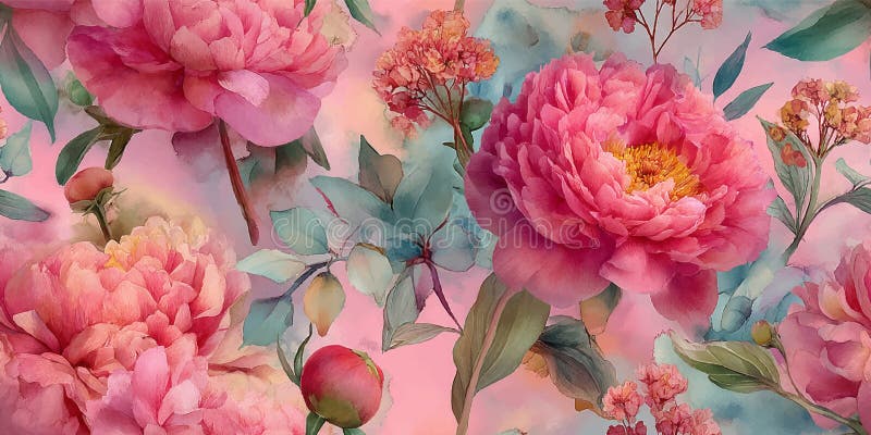 Έντονα Watercolor Peony Bloom Ομαλό Μοτίβο Lush Ροζ Άνθη με Πράσινο Φυλλάδιο για Ταπετσαρία και Κομψό Διακοσμητικό. απεικόνιση αποθεμάτων